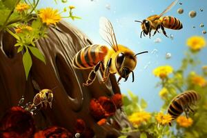 Natures ballet buzzing bees and bugs form an airborne symphony around beehive AI Generated photo