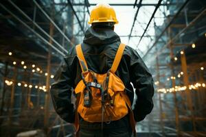Man in safety gear stands confidently from a rear angle, showcasing preparedness. AI Generated photo