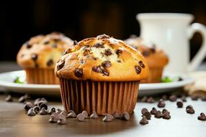 A delightful blend of chocolate and muffin the beloved chocolate chip muffin AI Generated photo