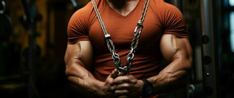 Close up of muscular arms Bodybuilder conquers the cable crossover gym machine AI Generated photo