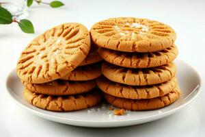 Freshly baked peanut butter cookies resting elegantly on a spotless white background AI Generated photo