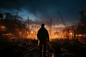 As night falls, the construction site silhouette reveals crane and laborers  AI Generated photo