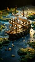Maritime journey, boat symbol voyages on the map to island paradises Vertical Mobile Wallpaper AI Generated photo