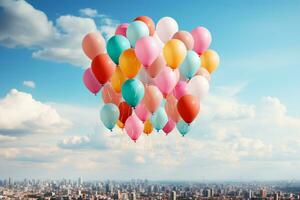 Elevated celebration colorful party balloons contrast against the vast expanse of sky AI Generated photo