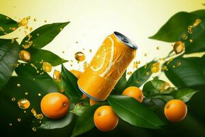 aislado aluminio naranja soda lata en medio de volador, desenfocar naranja rebanadas y hojas ai generado foto