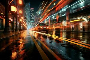 Streets come alive with light trails, capturing the dynamic energy of traffic AI Generated photo