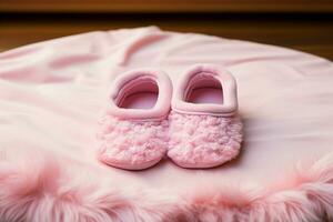 Cute baby slippers, snug in a gentle pink blankets embrace AI Generated photo