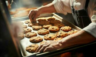 un talentoso cocinero cuidadosamente transportes un bandeja de recién horneado, humeante galletas ai generado foto