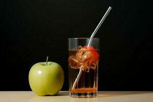 Crisp delight An apple sits near a cardboard box and a straw filled glass AI Generated photo