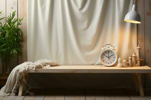 White wooden table adorned with clock and cotton banner for time change AI Generated photo