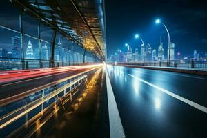 Cityscape at night frames a bustling urban traffic road in captivating scenery AI Generated photo