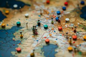 Intricate close up of maps dotted with a spectrum of vibrant marking pins AI Generated photo