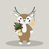 Vector cute Christmas little deer with christmas decoration and bouquet, stars and snowflakes illustration.