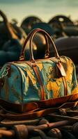 Globetrotter s laundry, travel themed bag adorned with world map print Vertical Mobile Wallpaper AI Generated photo