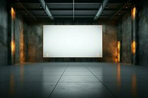 un grandioso 3d representación vitrinas un luminoso blanco pared dentro un grande sala de exposición ai generado foto