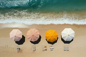 From above, a captivating beach with umbrellas, sunbeds, and turquoise waters AI Generated photo