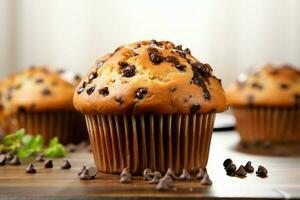 Irresistible chocolate chip muffin a sweet and comforting bakery delight AI Generated photo