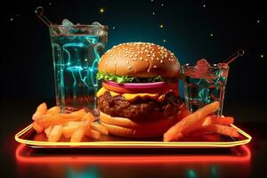 Vibrant neon burger and soda cup in message frame evoke mouthwatering cravings. AI Generated photo