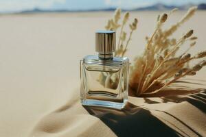 Scented tranquility Perfume flask on white sands, a serene fragrance escape AI Generated photo