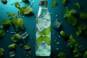 Chilled water bottle, frosty with ice, refreshingly garnished with mint leaves AI Generated photo