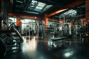 el interior de un gimnasio adornado con un variedad de aptitud equipo ai generado foto