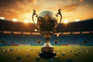The grandeur of the soccer stadium encapsulated in the golden winners cup AI Generated photo