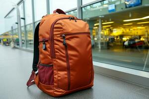 vibrante rojo mochila acompaña un viajero en el bullicioso aeropuerto ai generado foto