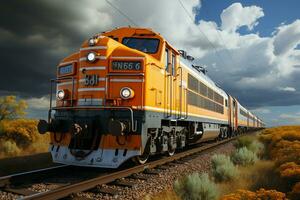 Vibrant summer train, moving under cloudy skies on a hot day  AI Generated photo