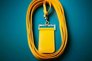 distintivo carné de identidad amarillo cable, espacio para nombre, texto en Insignia para reconocimiento ai generado foto