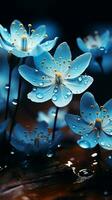 Blue hued magic Spring flowers in focus, bokeh adds enchantment Vertical Mobile Wallpaper AI Generated photo