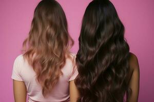 Pink backdrop juxtaposes woman's hair repair  before and after, showcasing stunning results. AI Generated photo