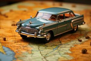 Vintage adventure, quaint car model on open map, selective focus  AI Generated photo