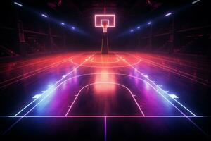 vívido 3d Deportes arena neón iluminado baloncesto Corte exhibido desde el lado ai generado foto