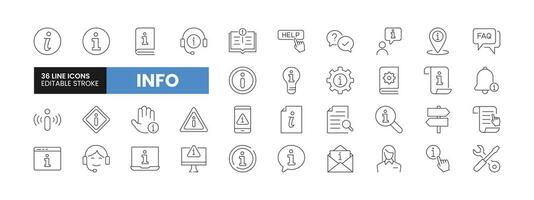 Set of 36 Info and Help Desk line icons set. Info outline icons with editable stroke collection. Includes Information, FAQ, Warning, Manual, Assistance, and More. vector