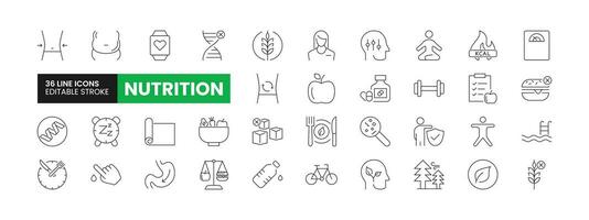 Set of 36 Nutrition line icons set. Nutrition outline icons with editable stroke collection. Includes Proteins, Carbohydrates, Gluten Free, Exercise, Healthy Food, and More. vector