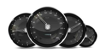 Car dashboard speedometer, tachometer, digital LED indicators for fuel and engine temperature. Vector realistic elements of car dashboard instrument cluster.