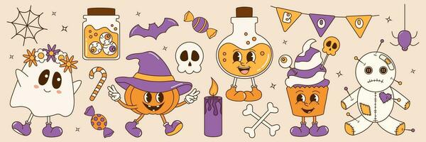 Groovy retro halloween sticker set. Retro cartoon characters and halloween elements. Comic mascots vector