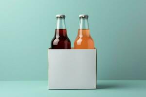 Two diverse nonalcoholic drink bottles with a white paper box on a Toscha background AI Generated photo