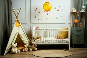 Childs room adorned with a tent and doll, offering a playful interior AI Generated photo