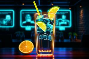 Neon-lit lemonade icon glows, symbolizing cool refreshment amidst bustling urban scenes. AI Generated photo
