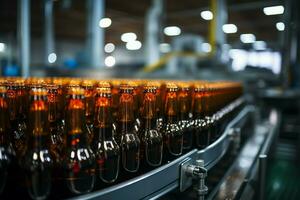 Selective focus on conveyors beer bottles, shallow DOF accentuates production line efficiency AI Generated photo