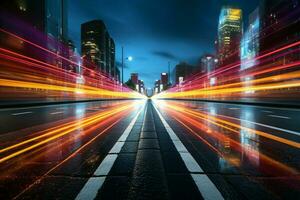 Road adorned with vibrant, blurred trails of traffic lights paints a mesmerizing scene AI Generated photo