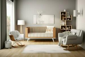 Sleek Scandinavian kids bedroom featuring a minimalist design with a stylish crib AI Generated photo