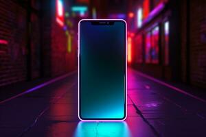 Neon smartphone sign shines on brick wall, epitomizing digital connectivity in urban landscapes. AI Generated photo