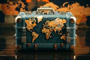 Globe trotting gear, travel suitcase adorned with world map print  AI Generated photo