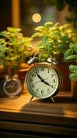 Vintage alarm clock and houseplant decorate rustic wooden tabletop Vertical Mobile Wallpaper AI Generated photo