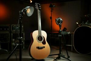 en el grabación estudio, un acústico guitarra espera sus hora a armonizar. ai generado foto