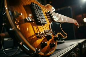 un del músico de cerca bajo instrumentos de cuerda resonar en el corazón de el estudio. ai generado foto