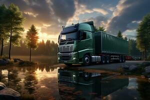 Trucks rest by the waterside, nestled in the tranquil harbor  AI Generated photo