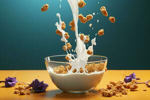 Wholesome morning Flying granola, milk splash bowl cradles nutritious breakfast components AI Generated photo